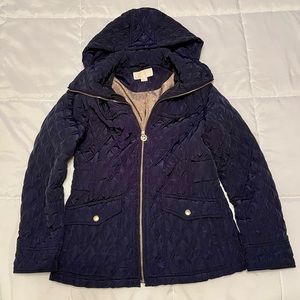 Michael Kors Quilted Coat with Hood Navy Blue Size Medium